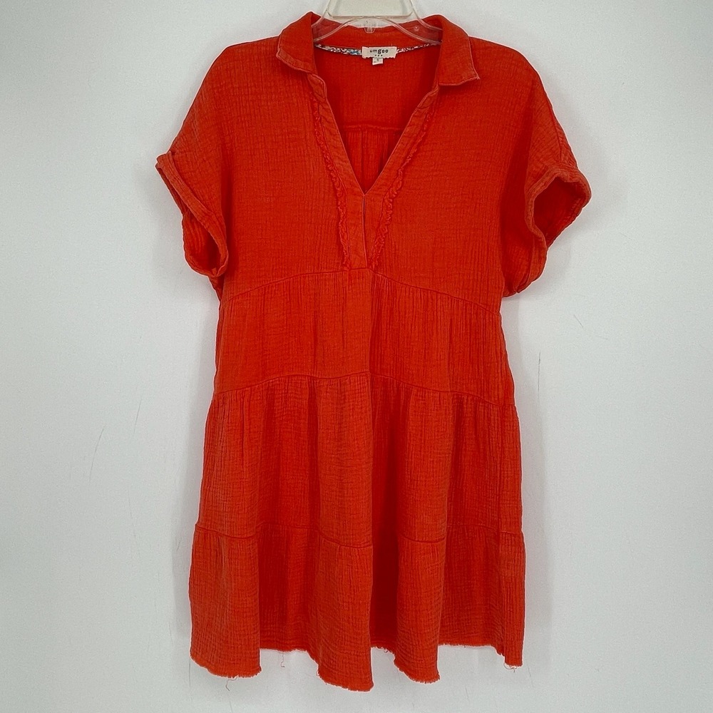 Umgee Women's Orange Cotton Gauze Collared Tiered Boho Babydoll Dress Size S